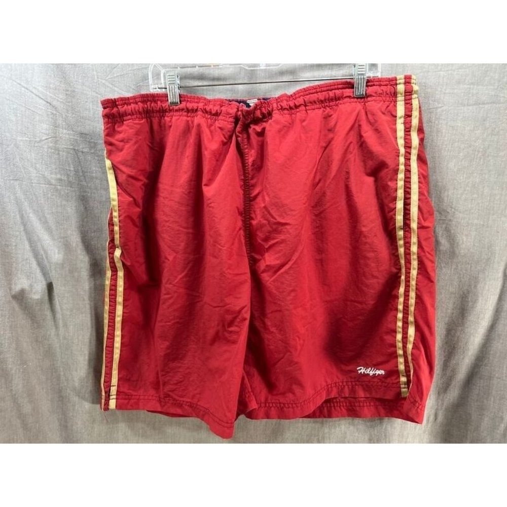 Tommy Hilfiger Swim Shorts Mens XL Red Gold Striped Drawstring Trunks Men.